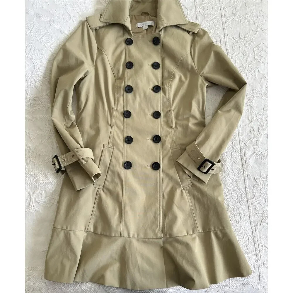 New York & Co Khaki Beige Double Breasted Belted Lined Peplum Trench Coat Size L - Picture 15 of 16